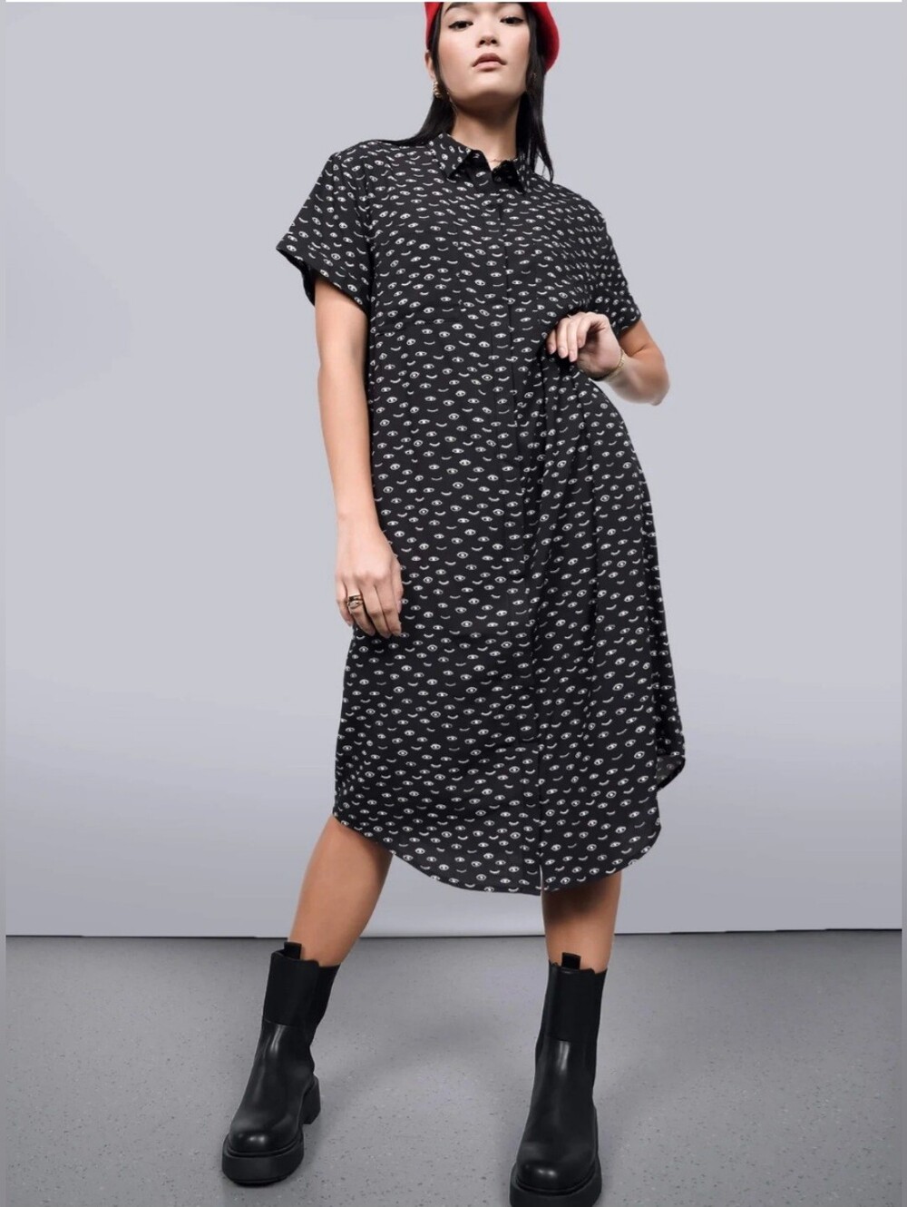 Wildfang NWT The Empower Eyes Print Button-Front Shirt Dress Black Plus Size 1X